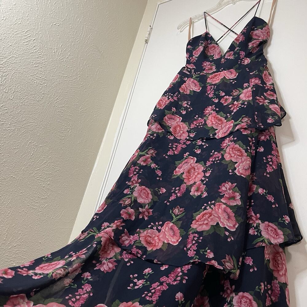 Fame & Partners Wyatt Floral Tiered Chiffon lace up plunge maxi Dress US 12 - Picture 7 of 11